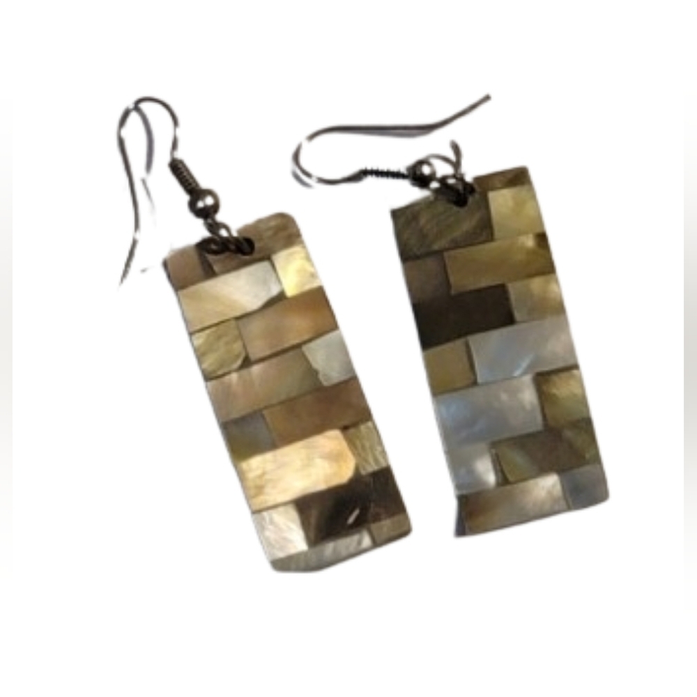 Vintage Abalone Shell Mosaic Dangle Earrings Rectangular Gold Tone Boho